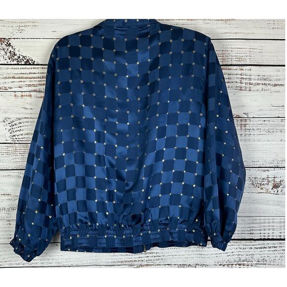Women's VTG 90s Mureli 100% Silk Navy Blue & Gold Bomber Zip Up Track Jacket MP - Picture 2 of 9
